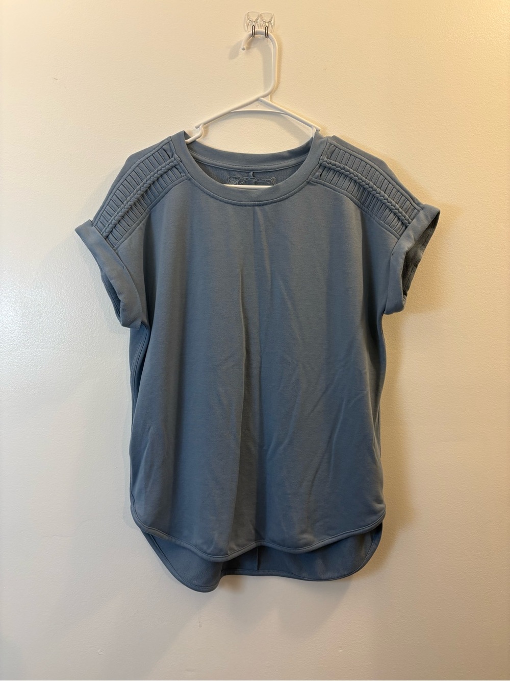 Cupio Slate Blue Short Sleeve Top with Pleated Shoulder Detail